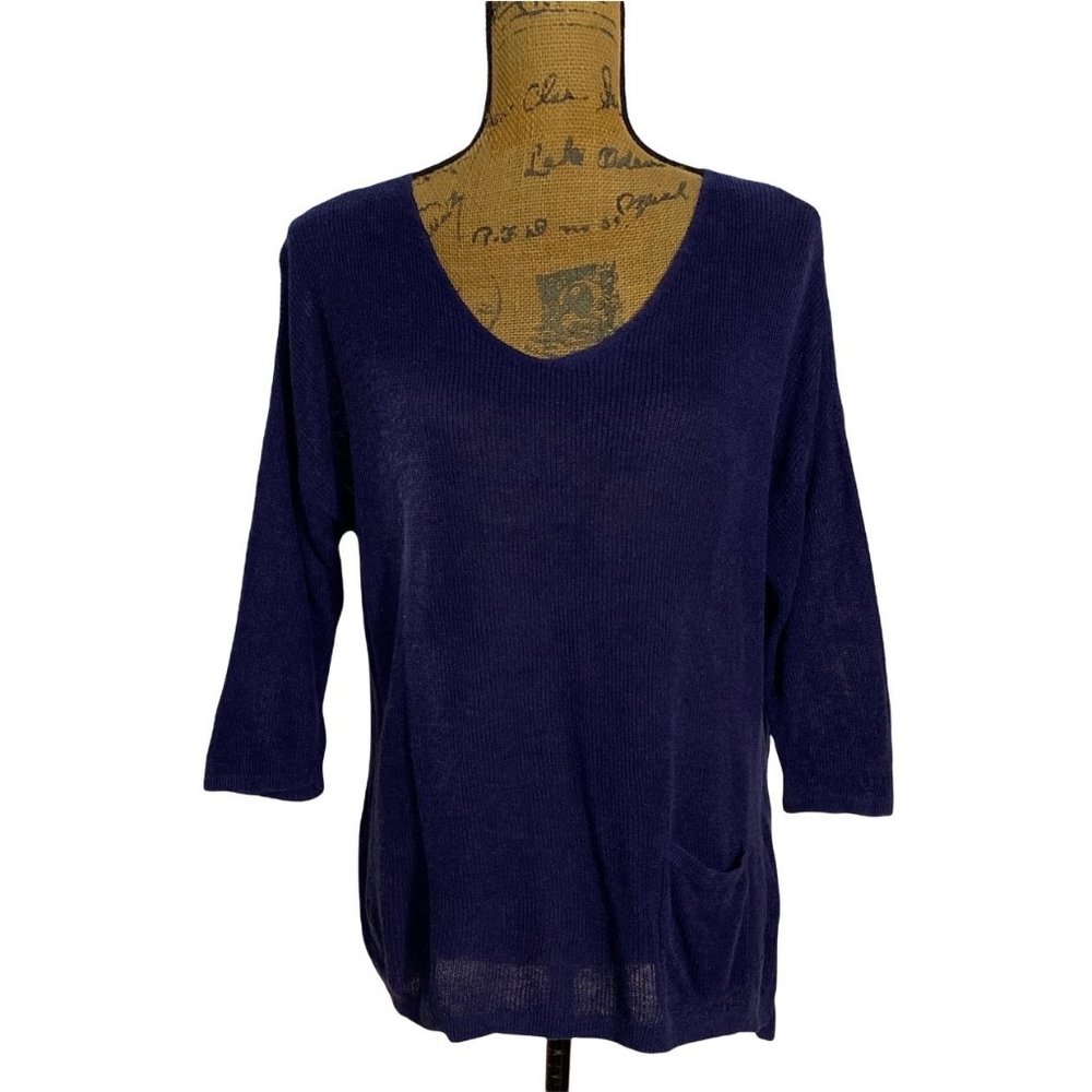 J. Jill M Tunic Sweater Dark Blue 100% Linen Hi Low Hem Elbow Sl Drop Shoulder